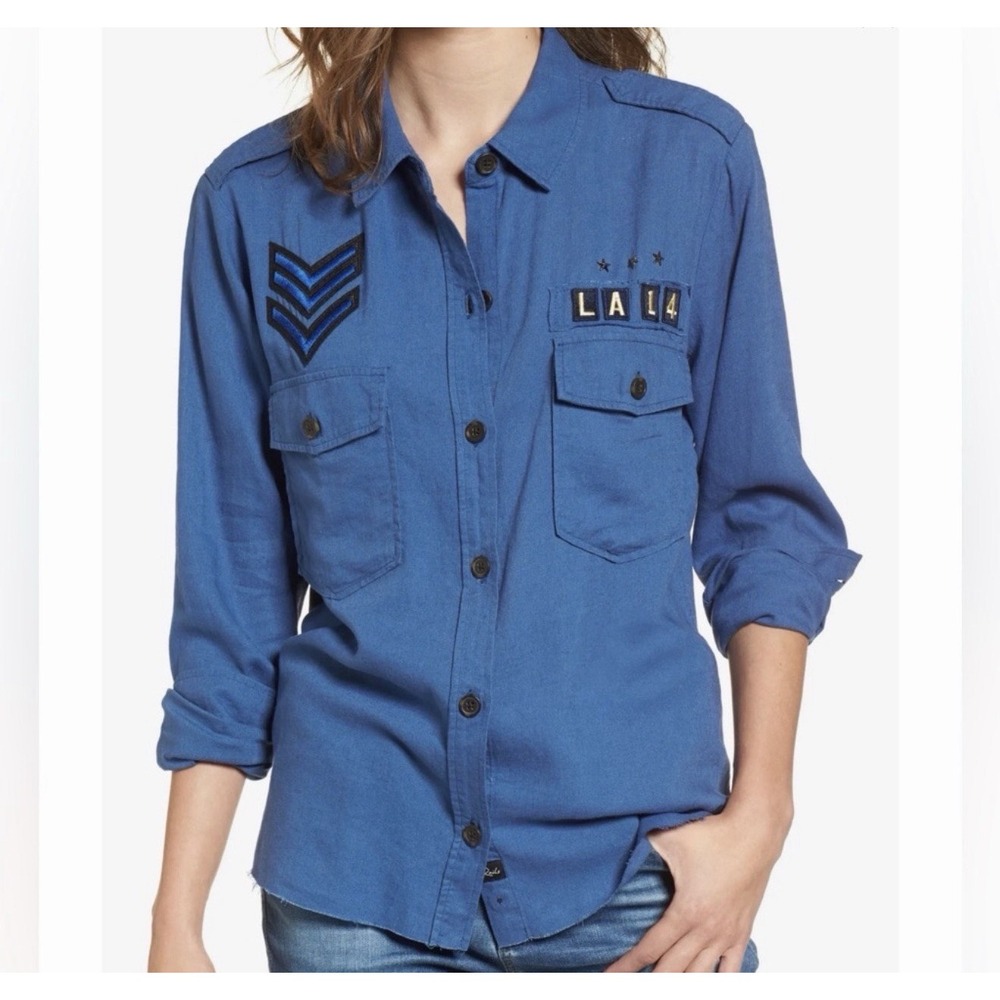 Rails Button Down XS Indigo Banks Raw Edge Military Patch Linen Blend Shirt
